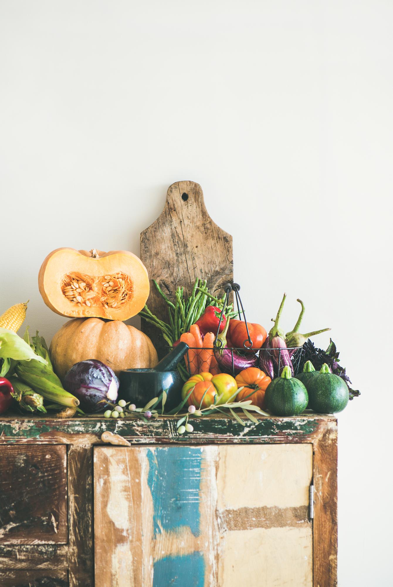 Local market with vegetables and jars