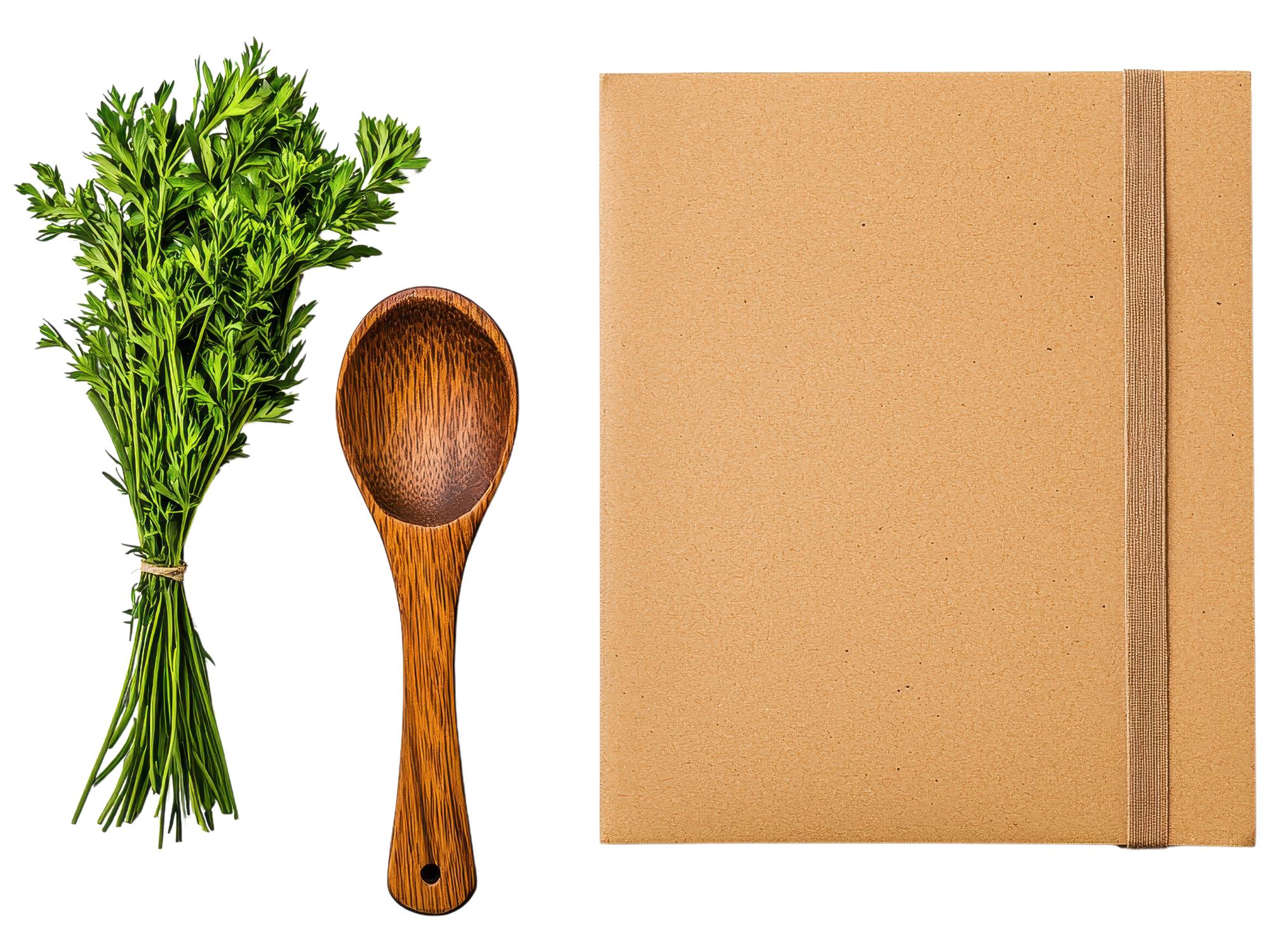 Box with printed recipe cards and herbs